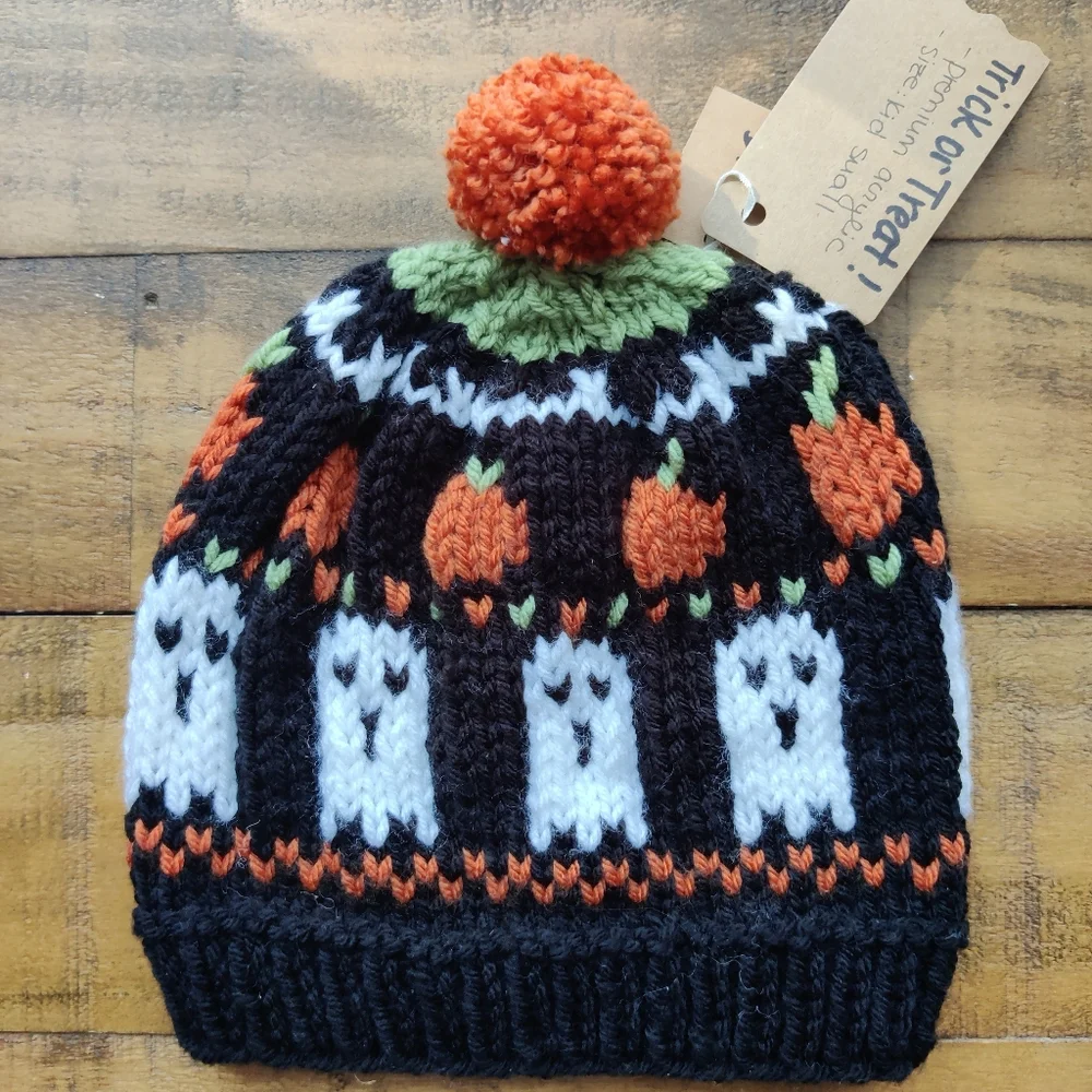 Hand knit Trick Or Treat Ghost And pumpkin Beanie - One Of A Kind